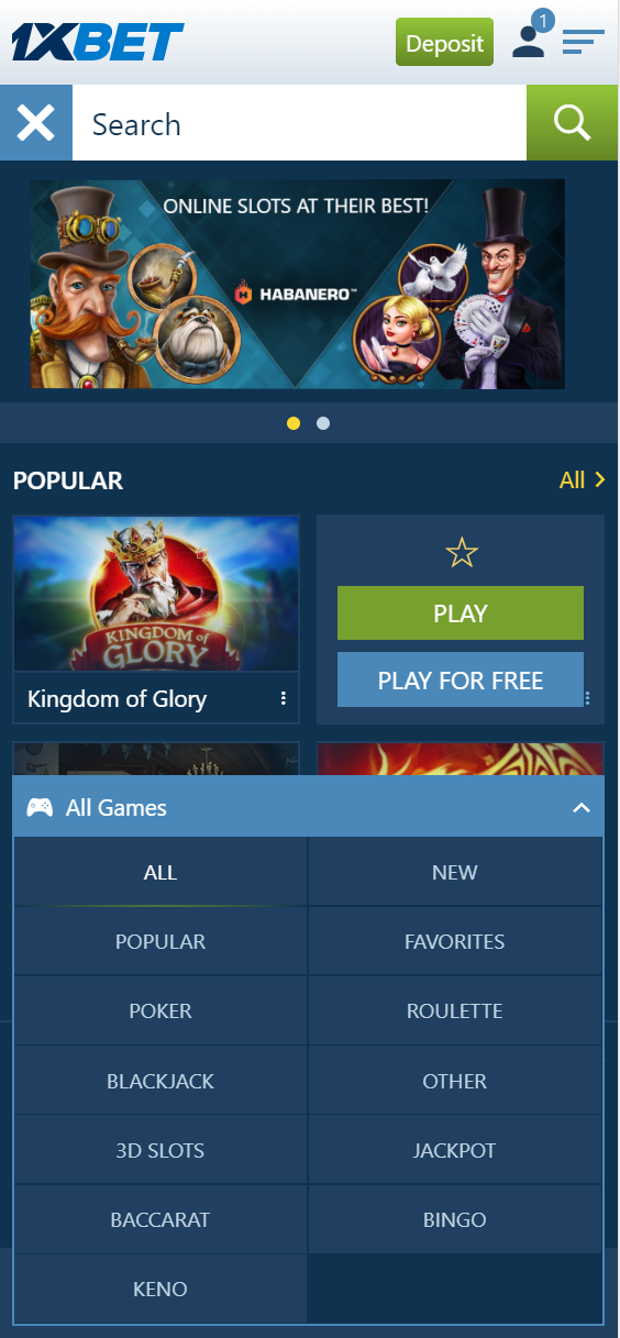 Screenshot from the casino library at 1xBet viewed on a mobile