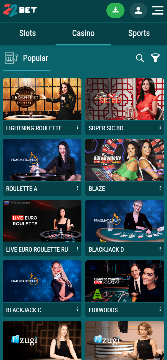 the online casino layout at 22bet looks great on mobile devices