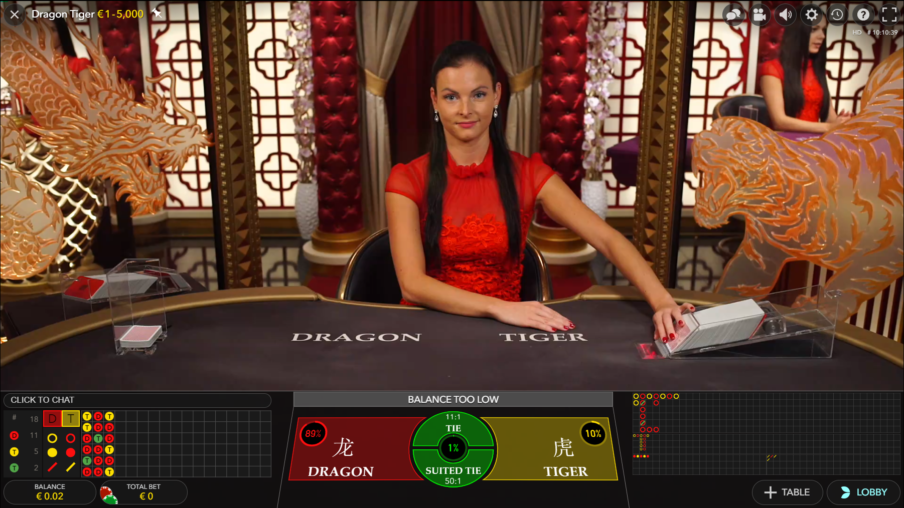 Dragon Tiger a special version of live baccarat with a jackpot feature