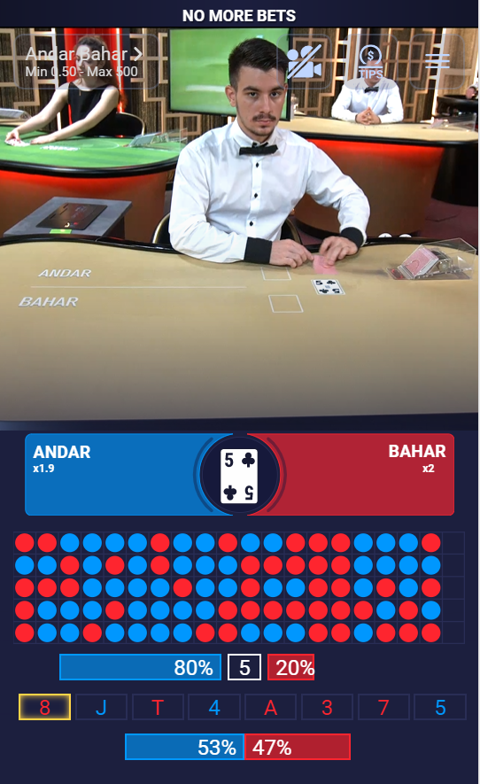 The online casino game Andar Bahar being played live at Sportsbet.io