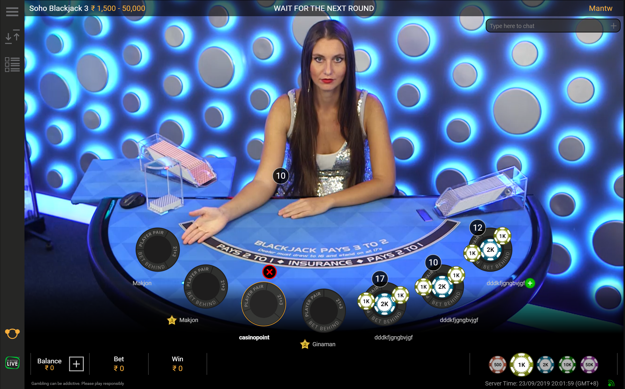 Live blackjack table on Dafabet