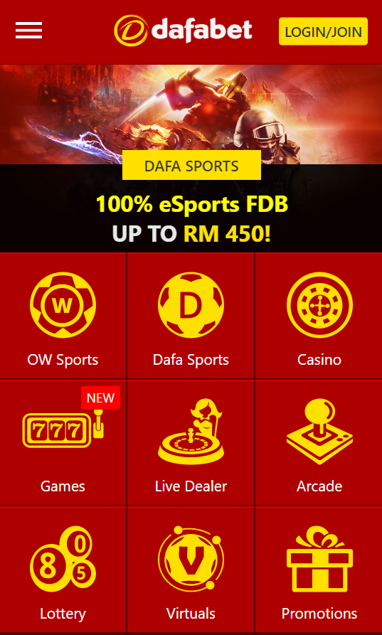 Mobile layout of Dafabets homepage. Overview of different games