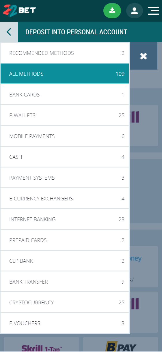 Differend deposit options you can choose between at 22bet