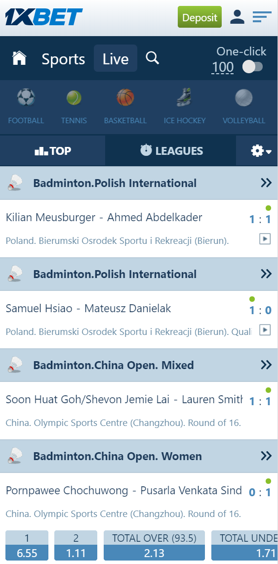 Live-bet section on 1xBet, this picture is taken with a mobile phone.