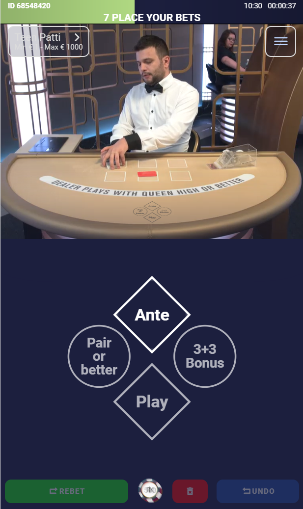 Live-version of Teen Patti being played on mobile at the online casino JungleRaja