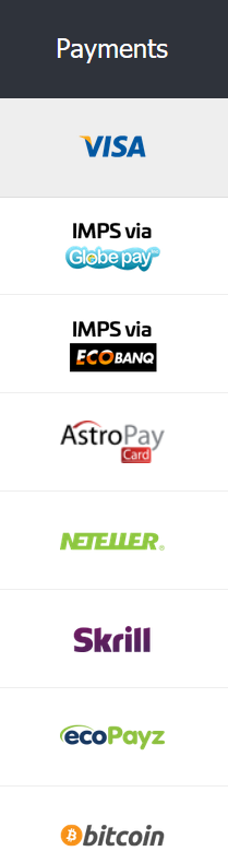 Screenshot of all the different payment methods at 10CRIC.