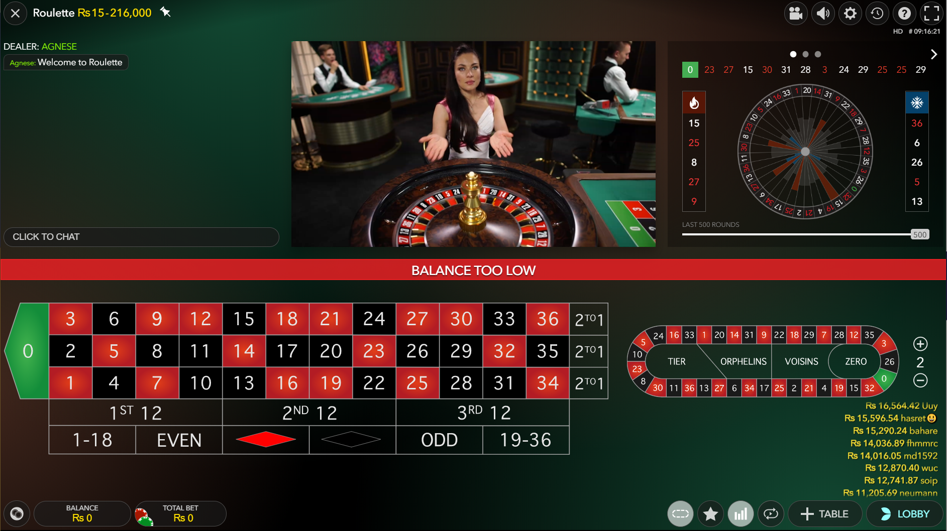 Live roulette at an online casino being played with a classic view