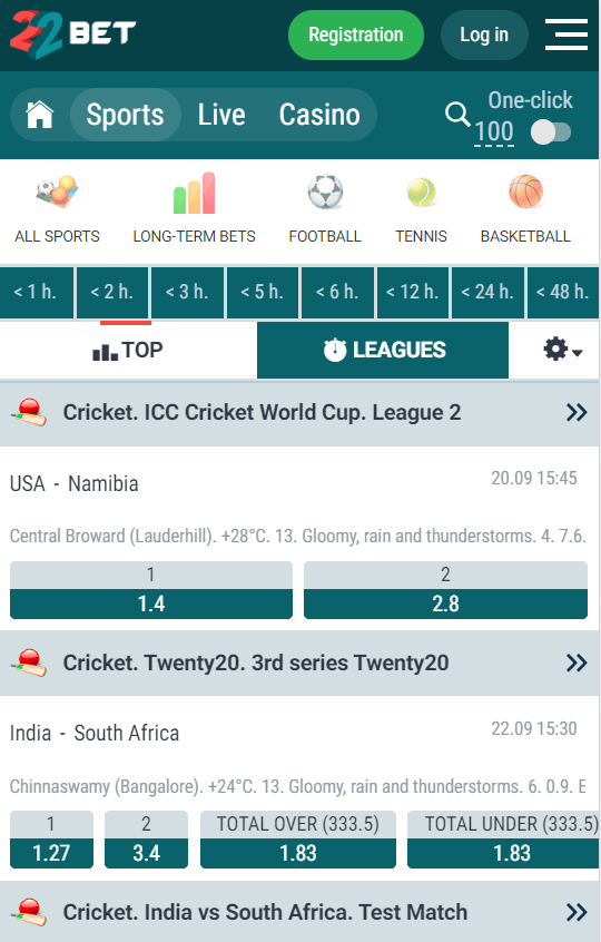 how the layout at 22bet looks on mobile