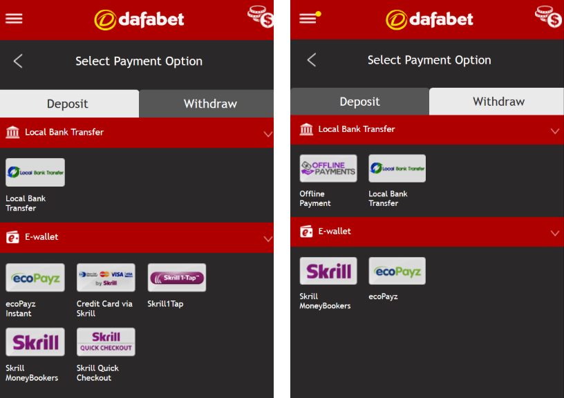 Different deposit and withdrawal methods available at Dafabet 