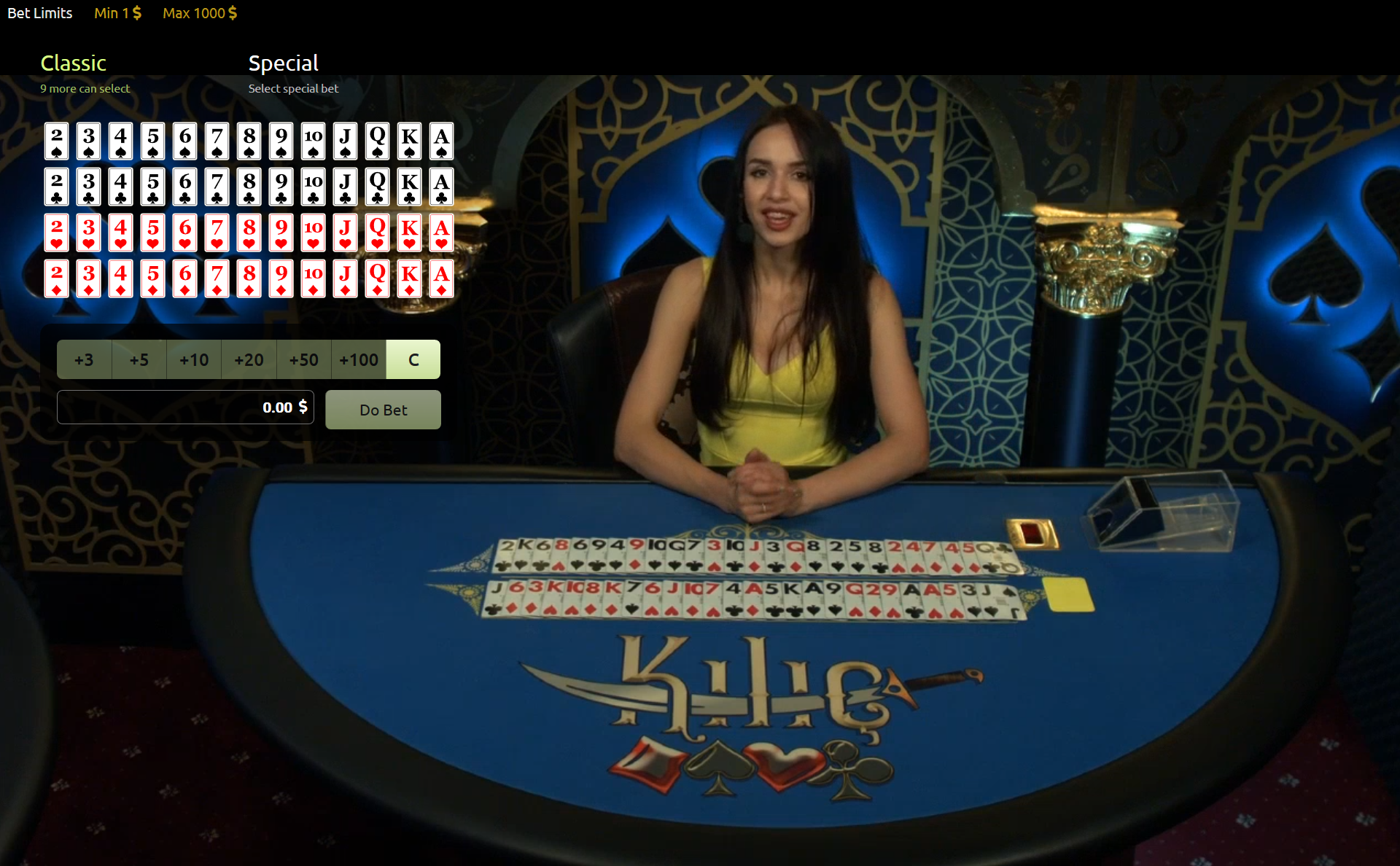 Live table game Kilic use all 52-cards each round. Here the dealer show all cards used in Kilic.