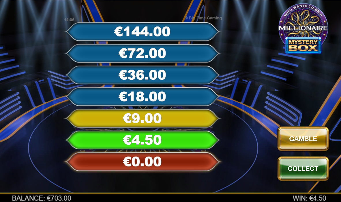 The gamble feature on Who Wants to Be a Millionaire Mystery Box