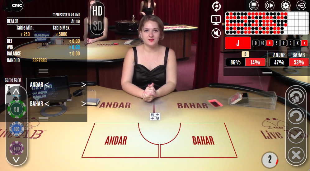 Andar Bahar being played at 10CRIC on a computer desktop