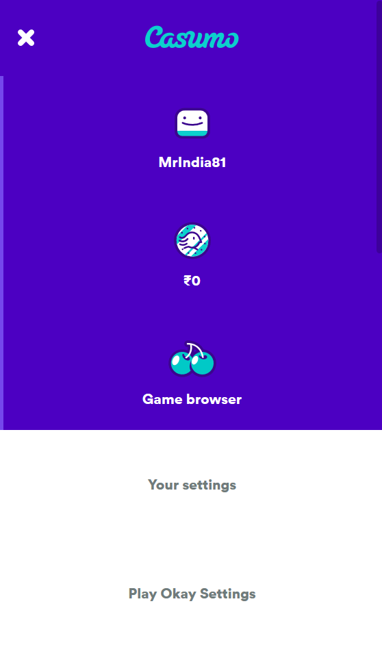 The main menu at Casumo when playing on a mobile in a browser