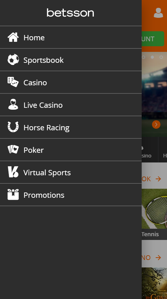 The main menu at Betsson when you access their homepage with a mobile