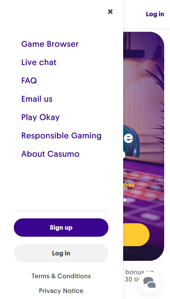 The main menu at Casumo, showing you where to find the live chat.