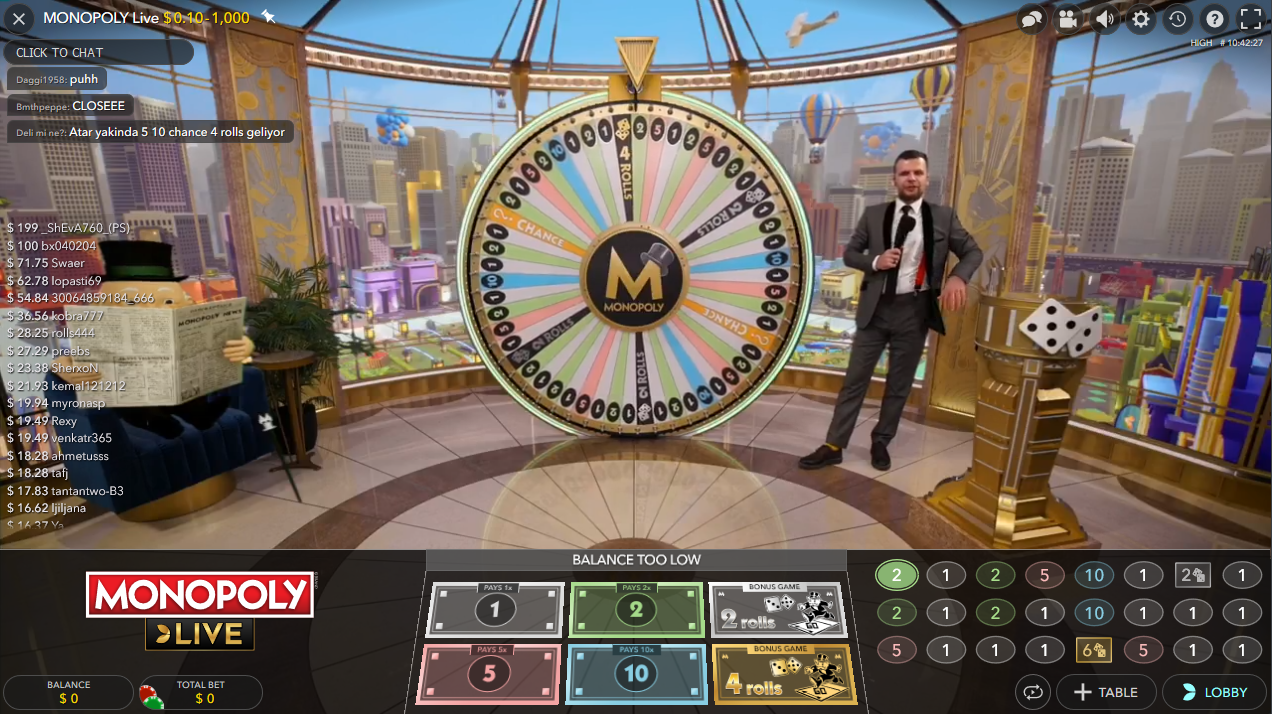 Monopoly Live being played live at the online casino 1xBet