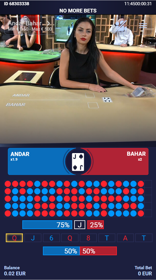 Andar Bahar being played live at the online casino 1xBet on a mobile