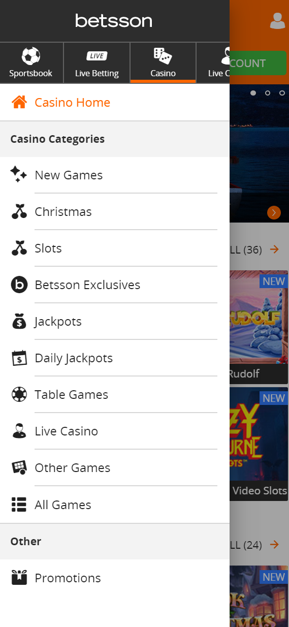 The casino menu at Betsson when accessing the site with a mobile