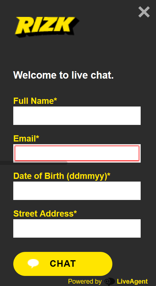 The live chat window thats available 24/7 at the online casino Rizk, you can also contact them by e-mail.