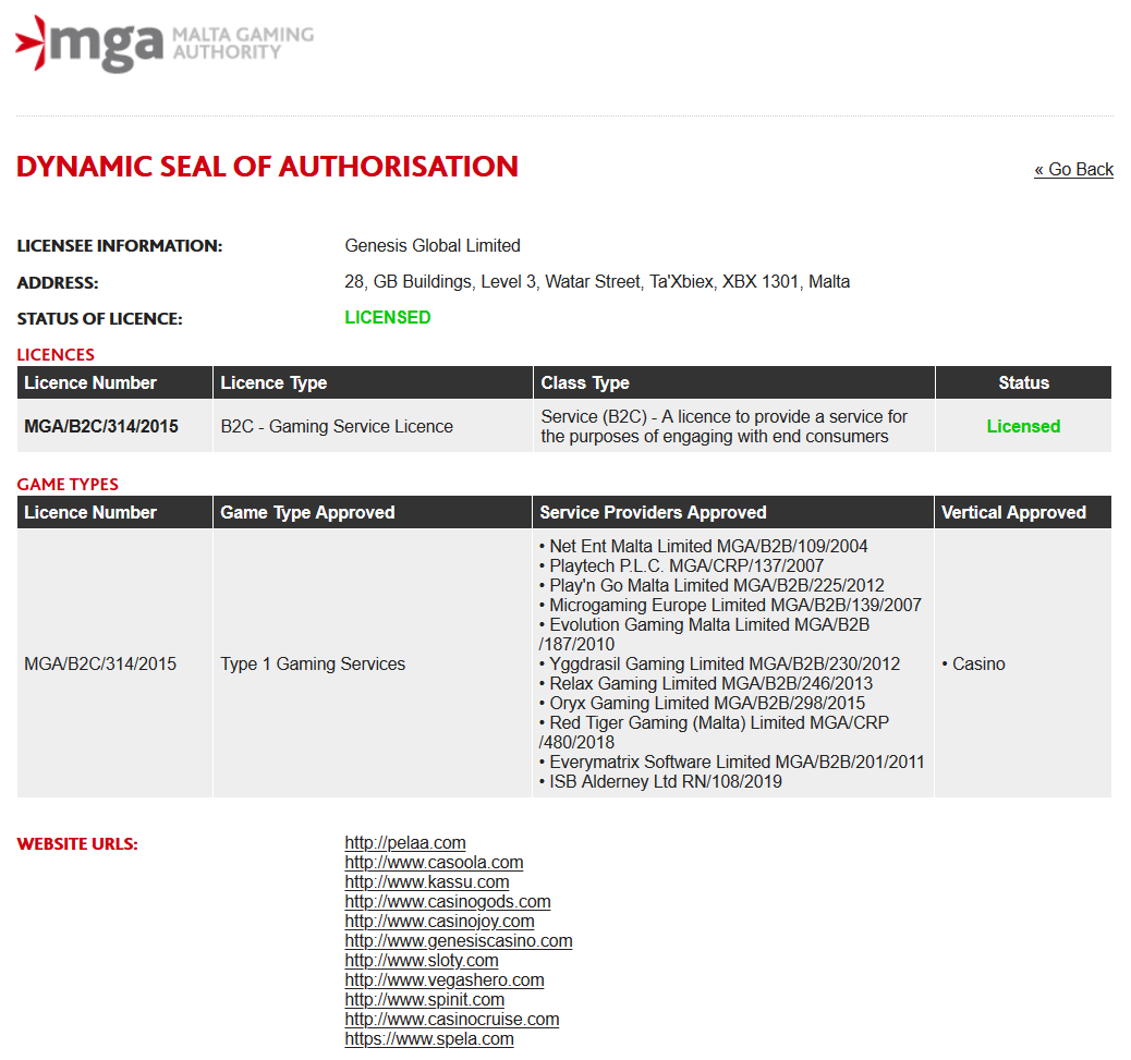 The license Genesis Casino holds at Malta Gaming Authority, one out of three licenses they got.