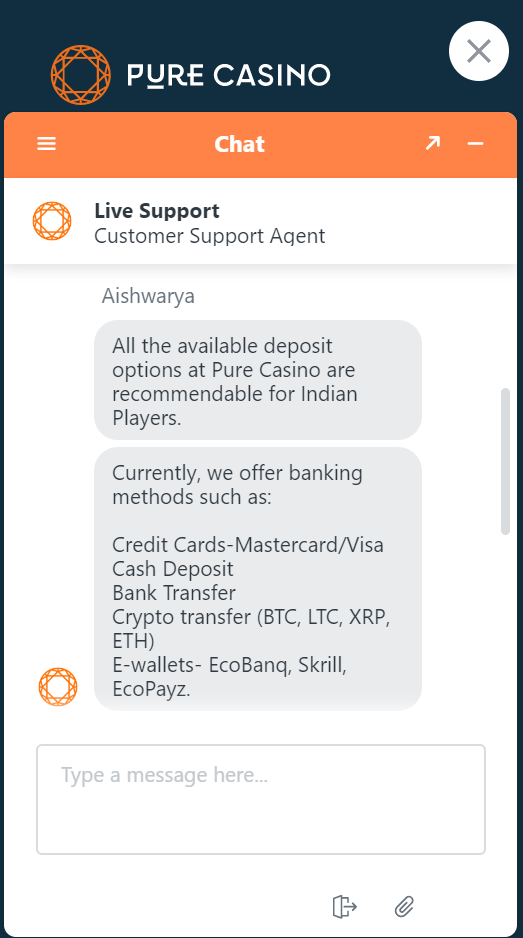 All the banking methods players from India can use at Pure Casino